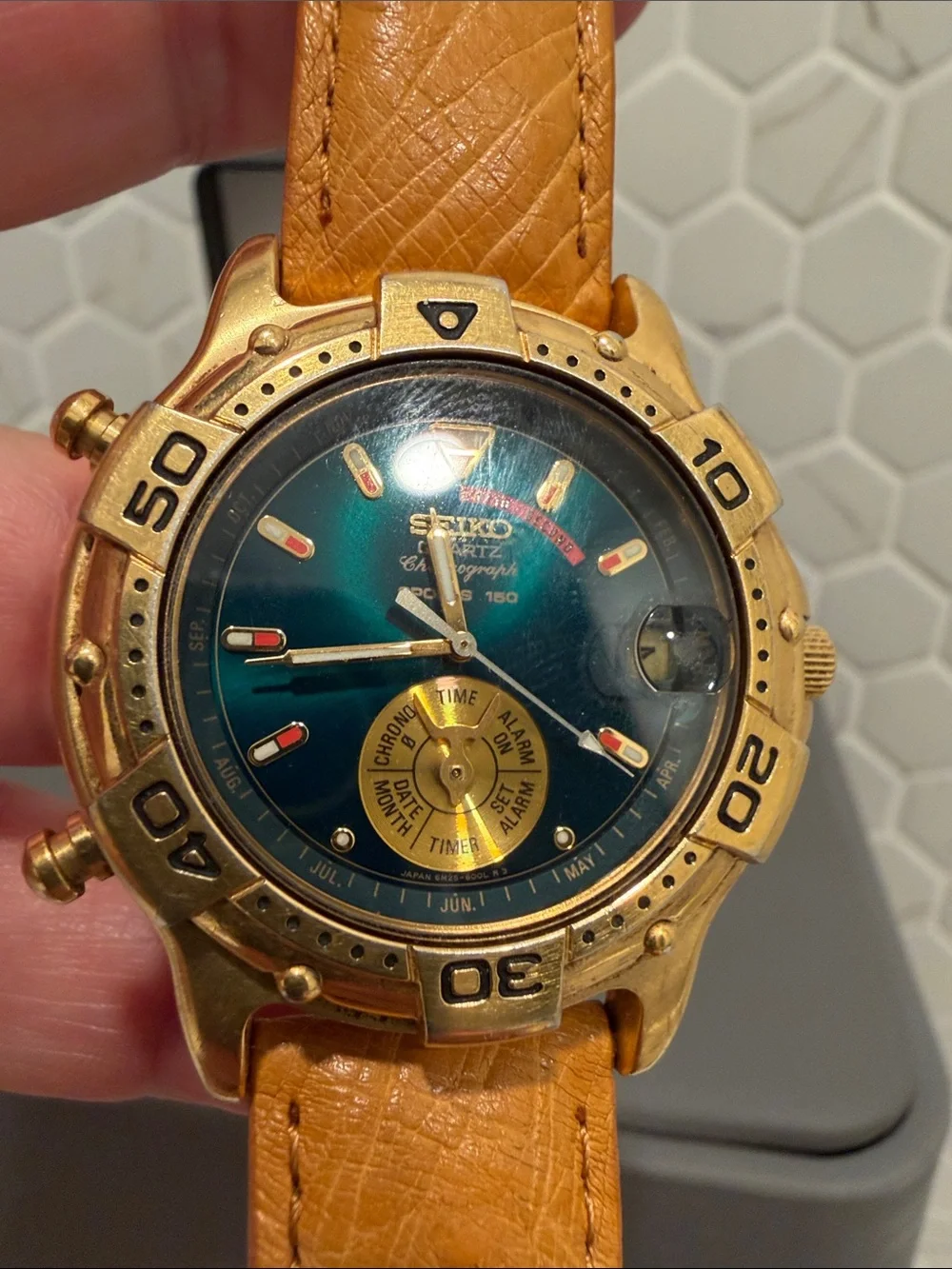 90s Seiko Gold-Tone Diver Style Watch with Teal Dial and Tan Leather Strap